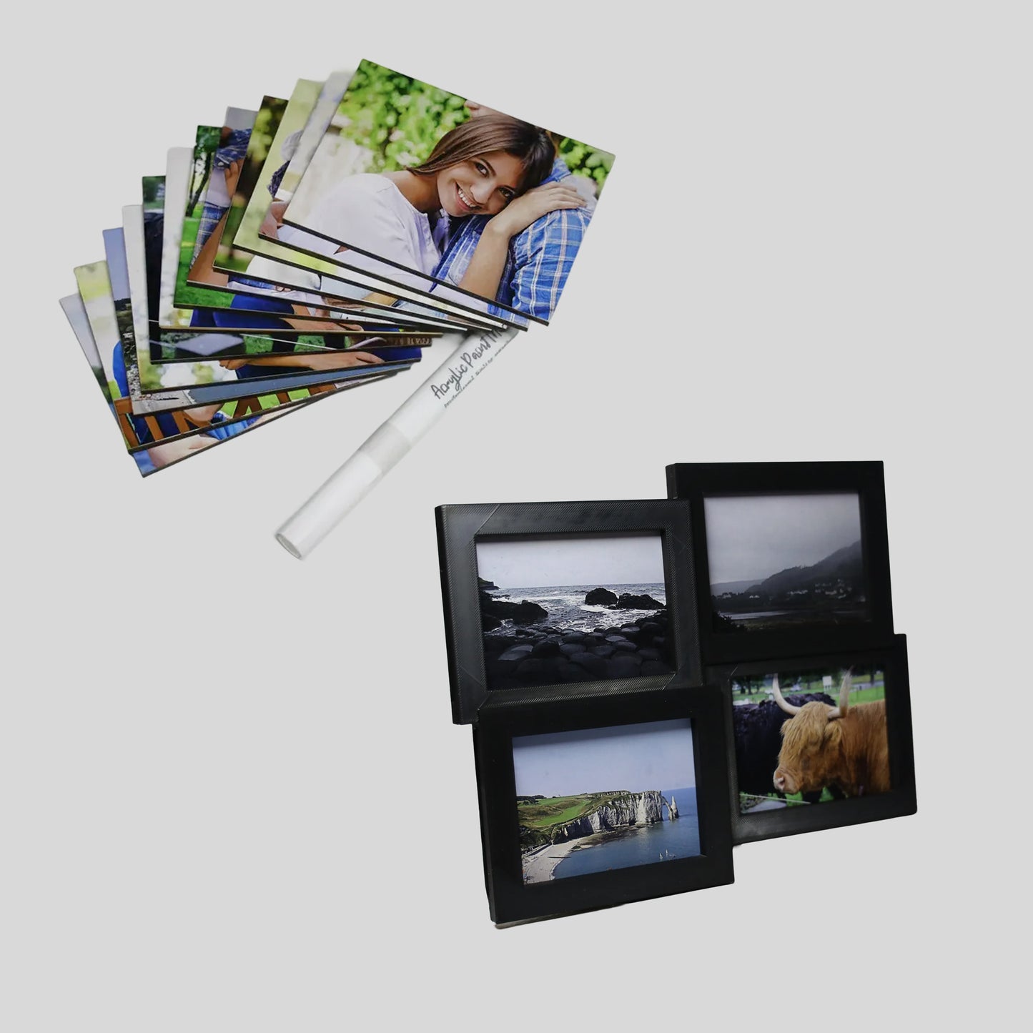 Marco de 4 fotos - 4 Horizontales / 12 fotos MDF Personalizadas / Plumón blanco